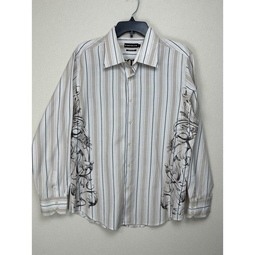 Revolve Shirt Mens Tan Embellished Emroidered Button‎ Long Sleeve Sz Lg Y2K